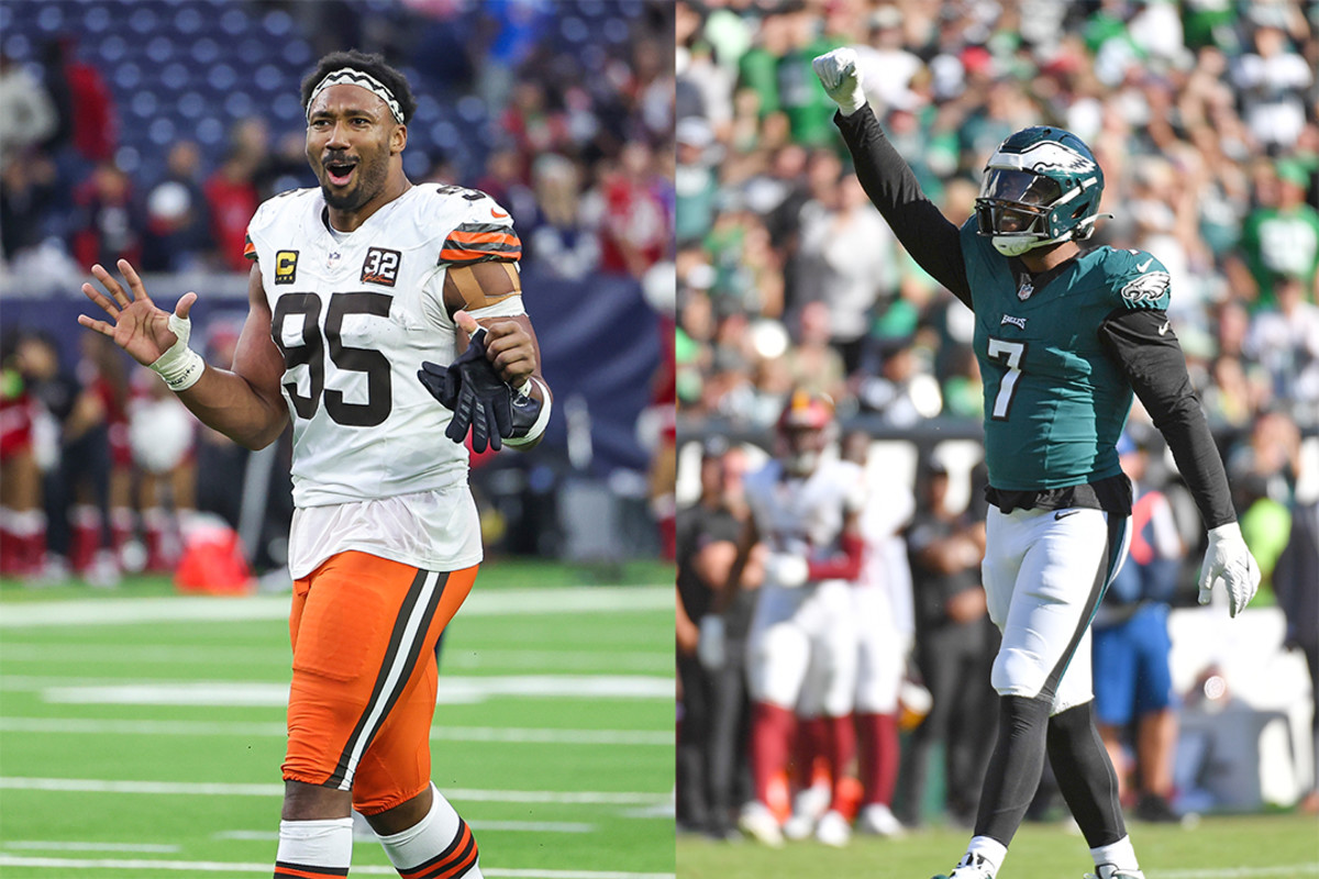 Cleveland Browns edge rusher Myles Garrett (left) and Philadelphia Eagles' Haason Reddick (right).
